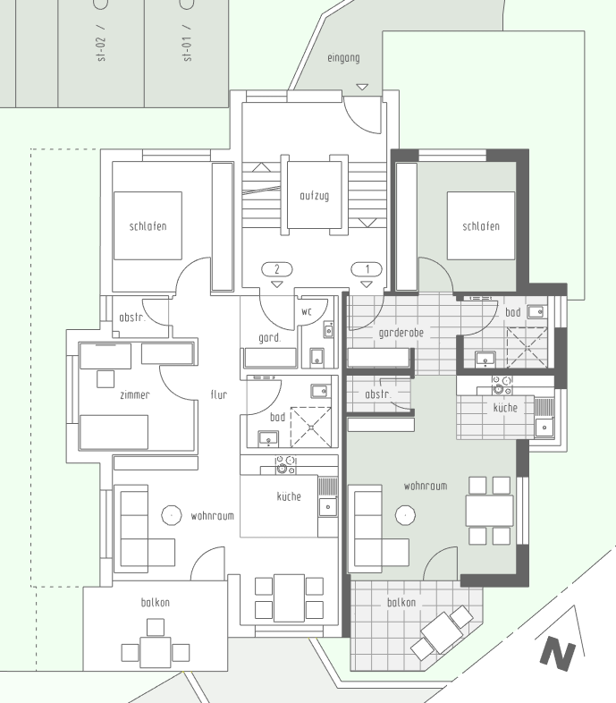 Grundriss Wohnung 1, Erdgeschoss, 60 m², 2 Zimmer, Mehrfamilienhaus Hohbuch