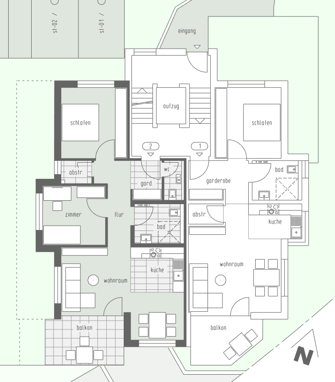Grundriss Wohnung 2, Erdgeschoss, 76 m², 3 Zimmer, Mehrfamilienhaus Hohbuch