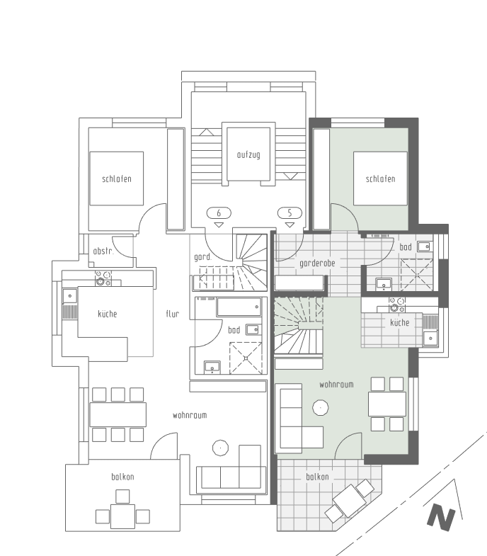 Grundriss Wohnung 5, 2. Obergeschoss, 96 m², 3,5 Zimmer, Mehrfamilienhaus Hohbuch