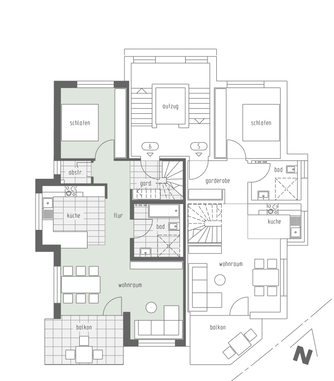 Grundriss Wohnung 6, 2. Obergeschoss, 125 m², 4 Zimmer, Mehrfamilienhaus Hohbuch